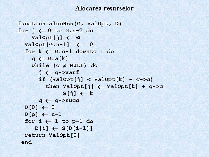 Alocarea resurselor function aloc. Res(G, Val. Opt, D) for j 0 to G. n-2