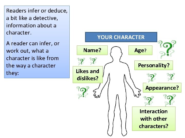 Readers infer or deduce, a bit like a detective, information about a character. A Readers infer or deduce, a bit like a detective, information about a character. A