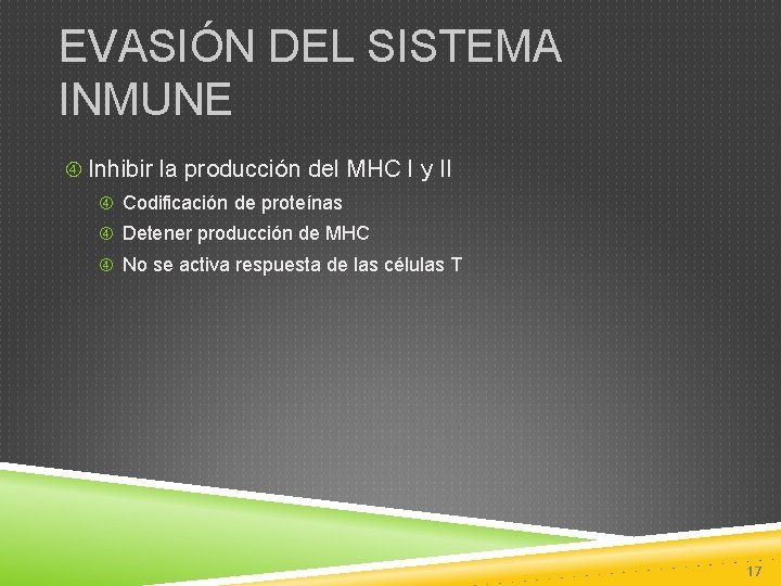 EVASIÓN DEL SISTEMA INMUNE Inhibir la producción del MHC I y II Codificación de