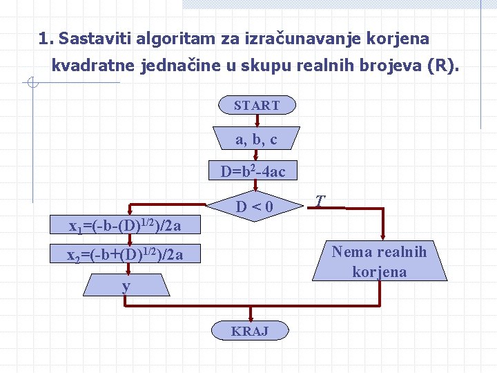 1. Sastaviti algoritam za izračunavanje korjena kvadratne jednačine u skupu realnih brojeva (R). START