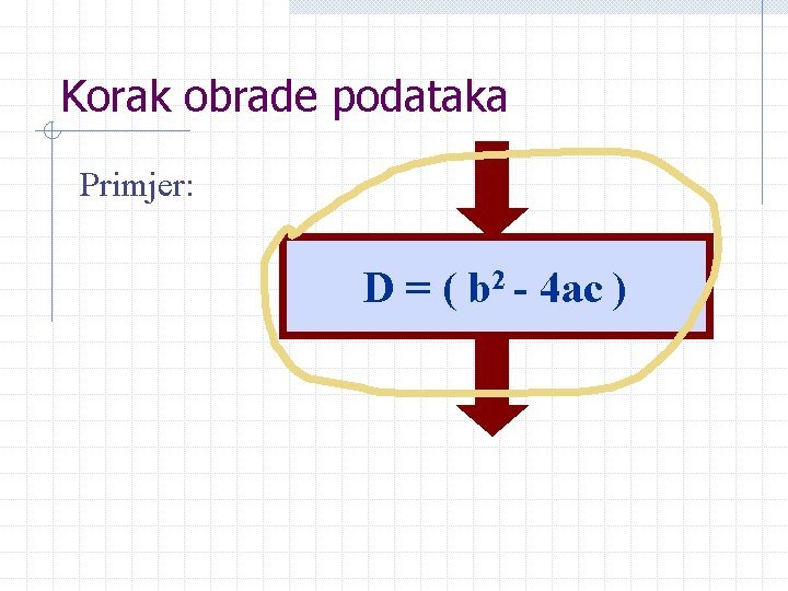 Korak obrade podataka Primjer: D = ( b 2 - 4 ac ) 