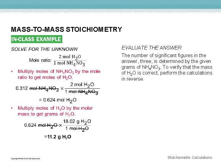 MASS-TO-MASS STOICHIOMETRY Copyright © Mc. Graw-Hill Education EVALUATE THE ANSWER The number of significant
