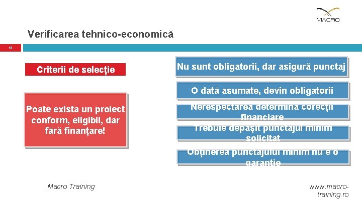 Verificarea tehnico-economică 18 Criterii de selecție Nu sunt obligatorii, dar asigură punctaj O dată