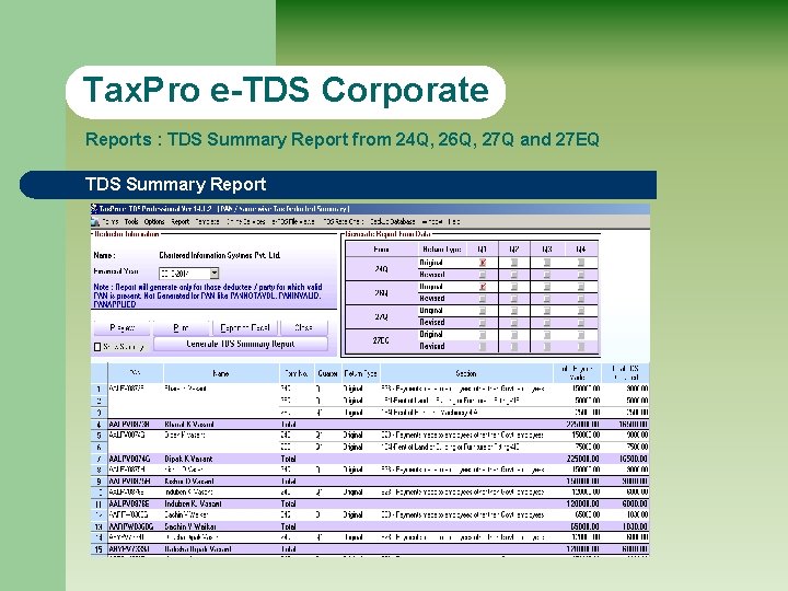 Tax. Pro e-TDS Corporate Reports : TDS Summary Report from 24 Q, 26 Q,