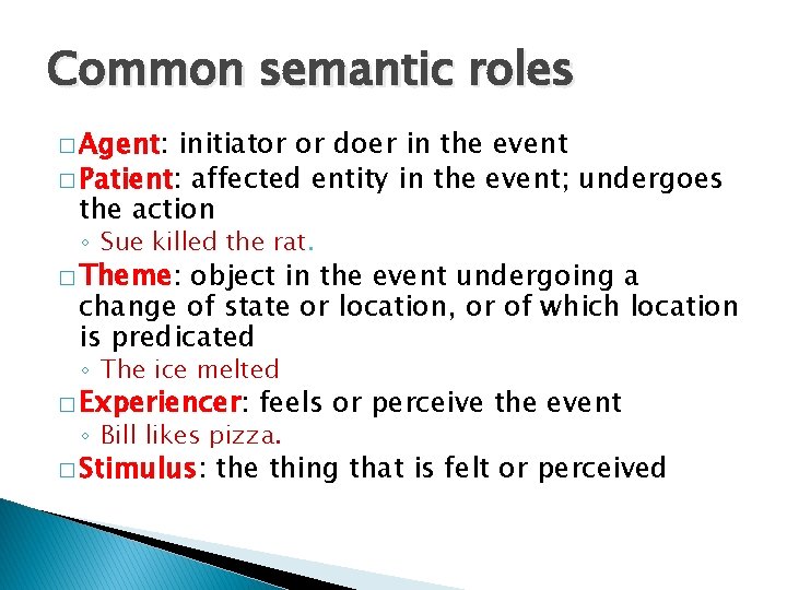 Common semantic roles � Agent: initiator or doer in the event � Patient: affected Common semantic roles � Agent: initiator or doer in the event � Patient: affected