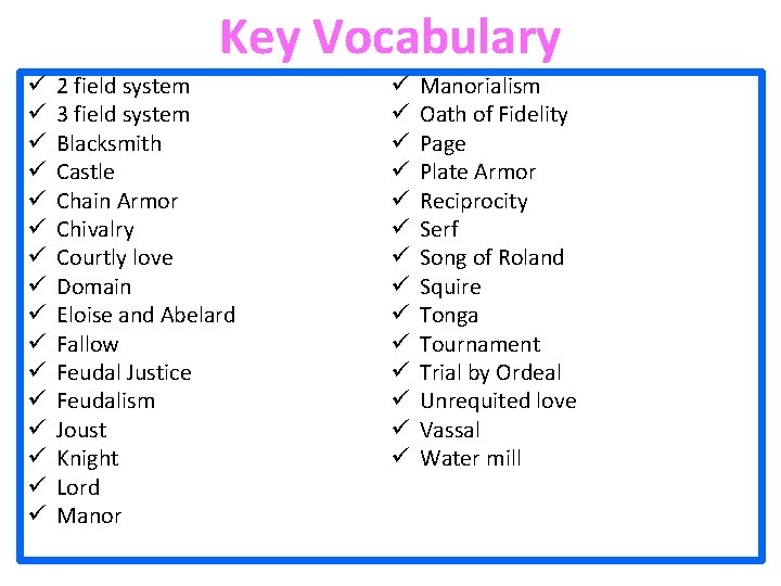 Key Vocabulary ü ü ü ü 2 field system 3 field system Blacksmith Castle