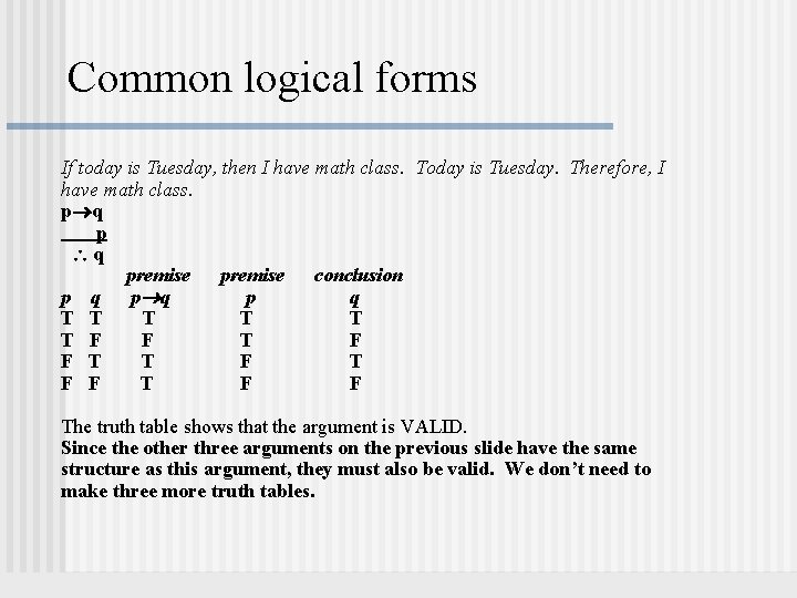 Common logical forms If today is Tuesday, then I have math class. Today is