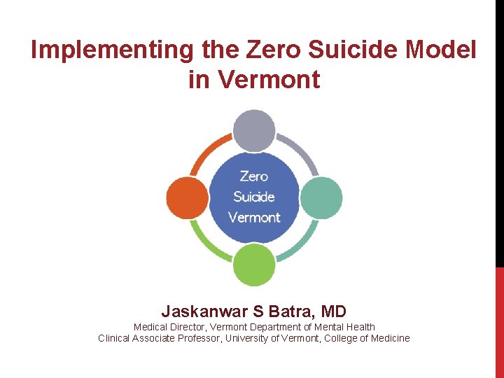 Implementing the Zero Suicide Model in Vermont Jaskanwar S Batra, MD Medical Director, Vermont Implementing the Zero Suicide Model in Vermont Jaskanwar S Batra, MD Medical Director, Vermont