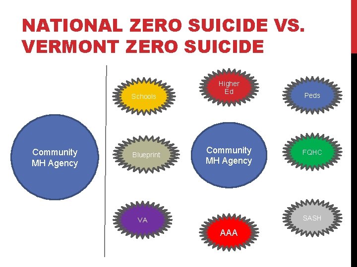 NATIONAL ZERO SUICIDE VS. VERMONT ZERO SUICIDE Schools Community MH Agency Blueprint Higher Ed NATIONAL ZERO SUICIDE VS. VERMONT ZERO SUICIDE Schools Community MH Agency Blueprint Higher Ed