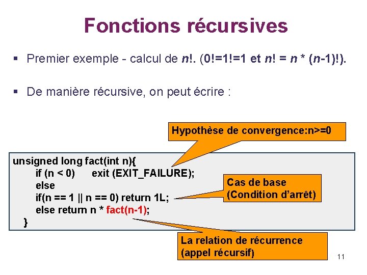  Fonctions récursives § Premier exemple - calcul de n!. (0!=1!=1 et n! =