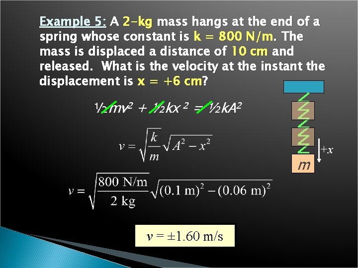 Example 5: A 2 -kg mass hangs at the end of a spring whose