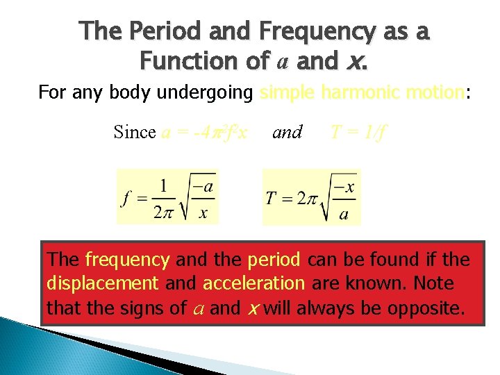 The Period and Frequency as a Function of a and x. For any body