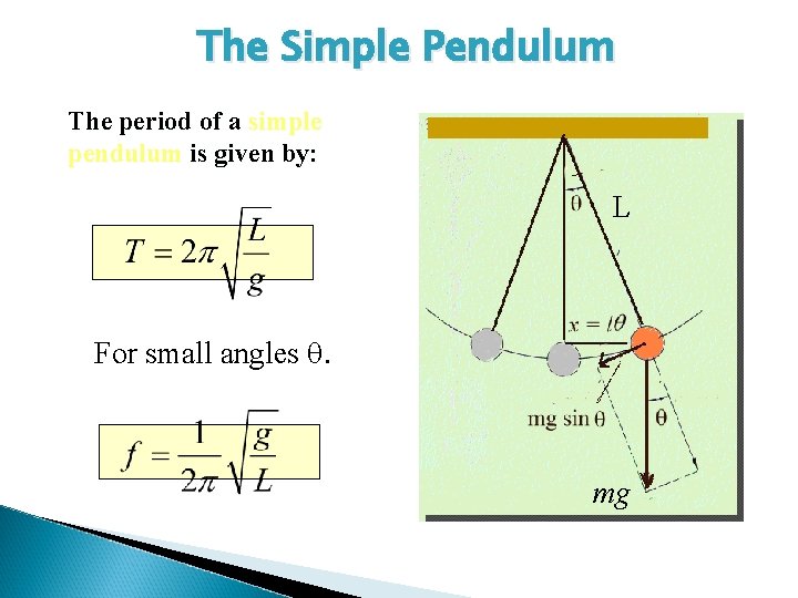 The Simple Pendulum The period of a simple pendulum is given by: L For