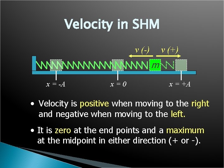 Velocity in SHM v (-) v (+) m x = -A x=0 x =