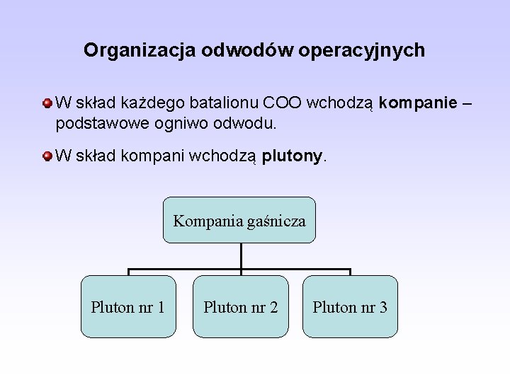 Organizacja odwodów operacyjnych W skład każdego batalionu COO wchodzą kompanie – podstawowe ogniwo odwodu.