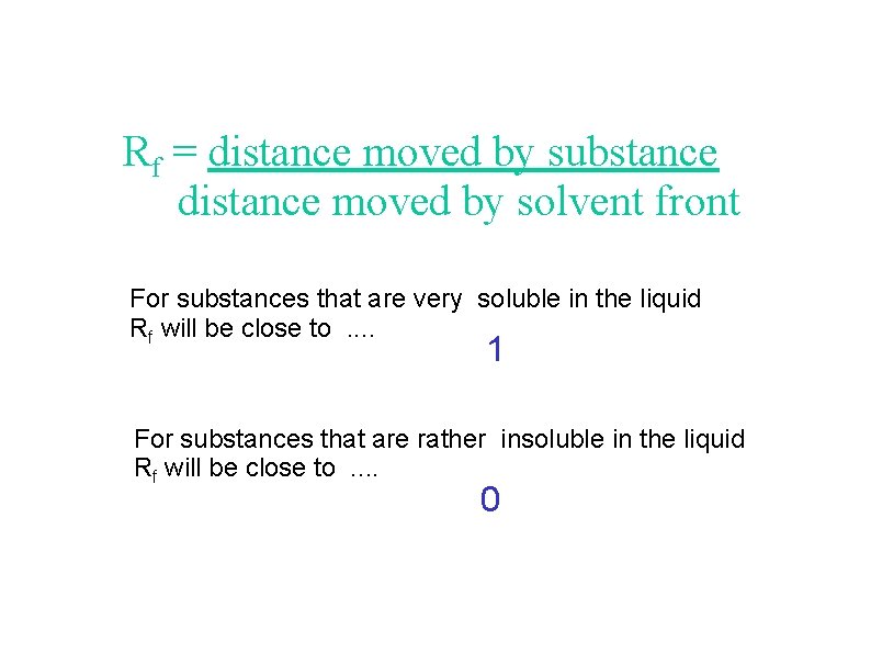 Rf = distance moved by substance distance moved by solvent front For substances that