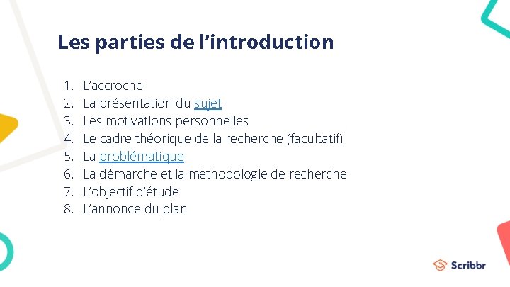 Les parties de l’introduction 1. 2. 3. 4. 5. 6. 7. 8. L’accroche La