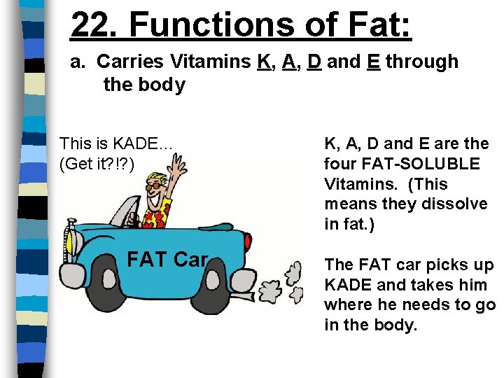 22. Functions of Fat: a. Carries Vitamins K, A, D and E through the