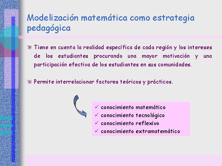 Modelización matemática como estrategia pedagógica Tiene en cuenta la realidad específica de cada región Modelización matemática como estrategia pedagógica Tiene en cuenta la realidad específica de cada región