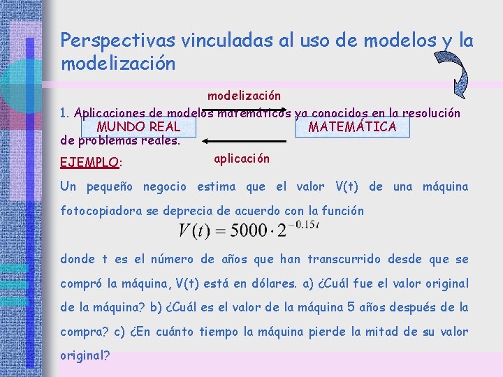 Perspectivas vinculadas al uso de modelos y la modelización 1. Aplicaciones de modelos matemáticos Perspectivas vinculadas al uso de modelos y la modelización 1. Aplicaciones de modelos matemáticos