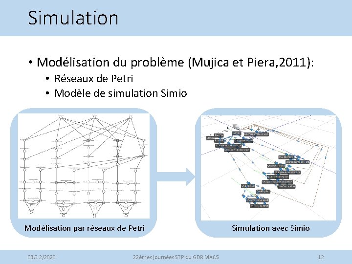 Simulation • Modélisation du problème (Mujica et Piera, 2011): • Réseaux de Petri •