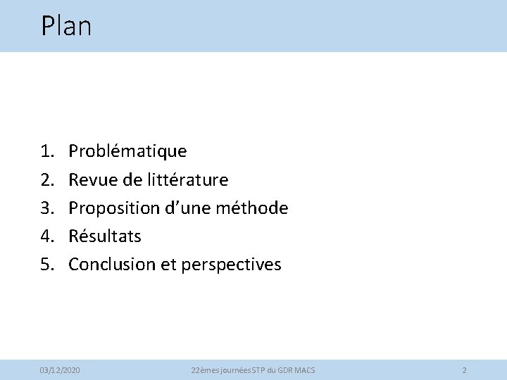 Plan 1. 2. 3. 4. 5. Problématique Revue de littérature Proposition d’une méthode Résultats