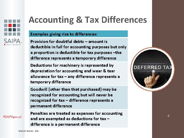 Accounting & Tax Differences Examples giving rise to differences: Provision for doubtful debts –