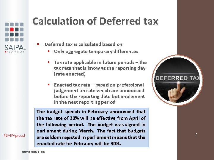 Calculation of Deferred tax § Deferred tax is calculated based on: § Only aggregate