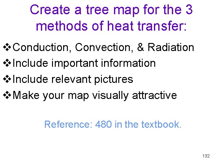 Create a tree map for the 3 methods of heat transfer: v. Conduction, Convection,