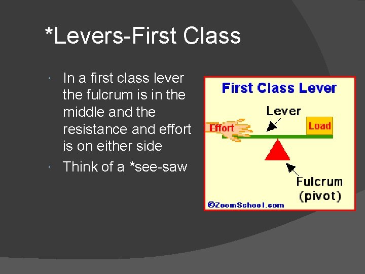 *Levers-First Class In a first class lever the fulcrum is in the middle and