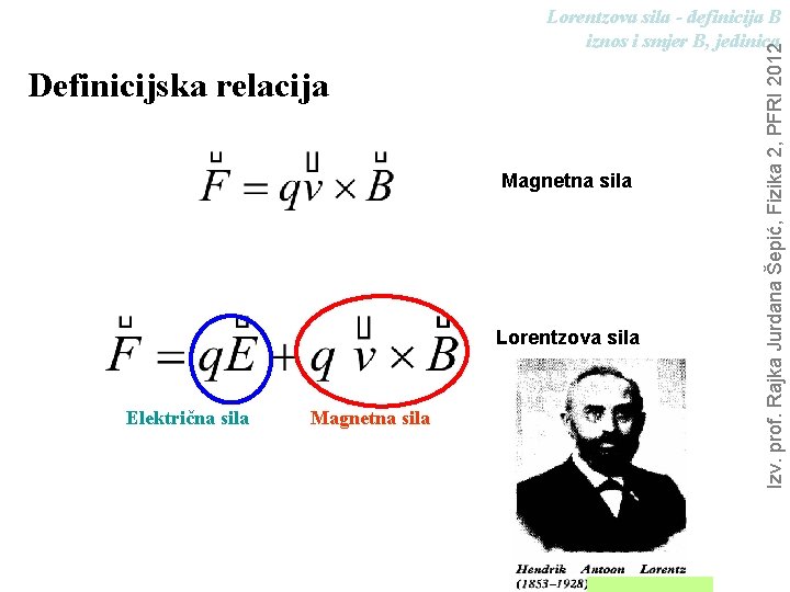 Definicijska relacija Magnetna sila Lorentzova sila Električna sila Magnetna sila Izv. prof. Rajka Jurdana