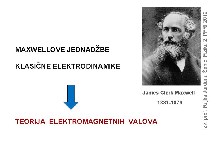 KLASIČNE ELEKTRODINAMIKE James Clerk Maxwell 1831 -1879 TEORIJA ELEKTROMAGNETNIH VALOVA Izv. prof. Rajka Jurdana