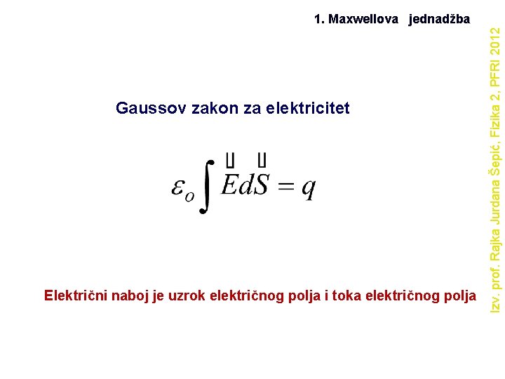Gaussov zakon za elektricitet Električni naboj je uzrok električnog polja i toka električnog polja