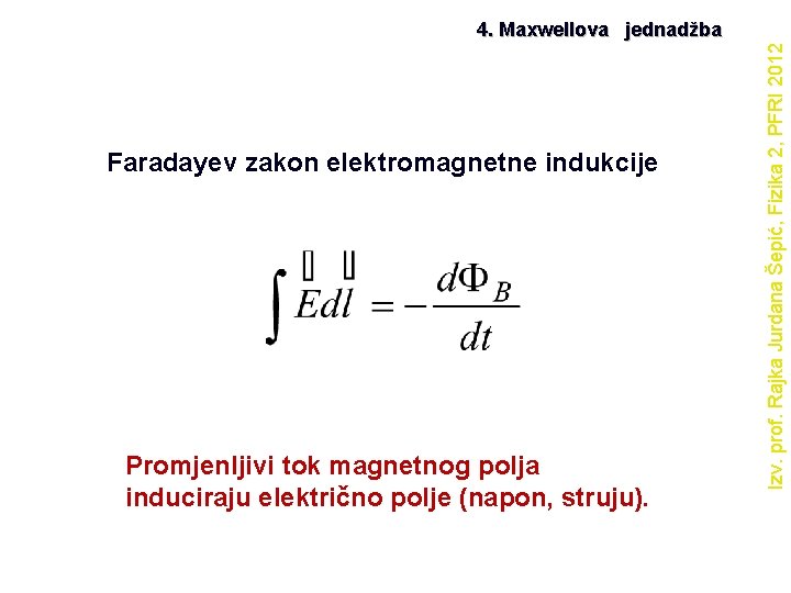 Faradayev zakon elektromagnetne indukcije Promjenljivi tok magnetnog polja induciraju električno polje (napon, struju). Izv.