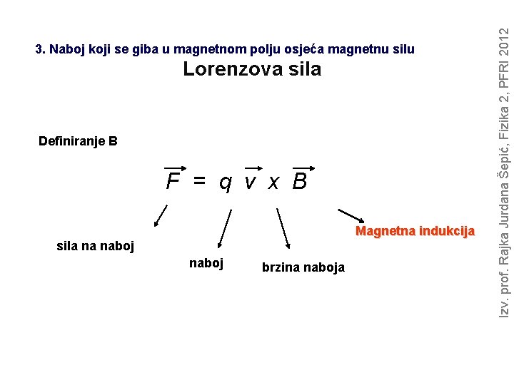 Lorenzova sila Definiranje B F = q v x B Magnetna indukcija sila na