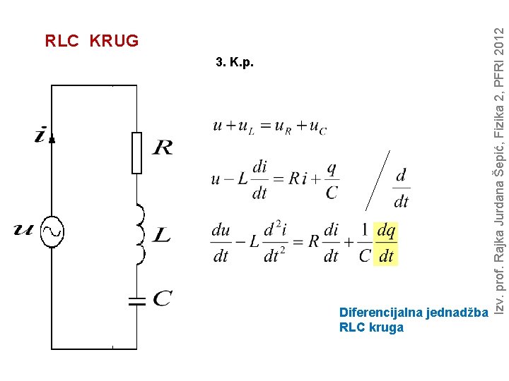 3. K. p. Diferencijalna jednadžba RLC kruga Izv. prof. Rajka Jurdana Šepić, Fizika 2,
