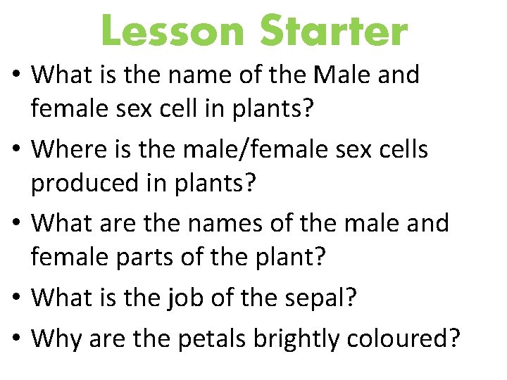 Lesson Starter • What is the name of the Male and female sex cell