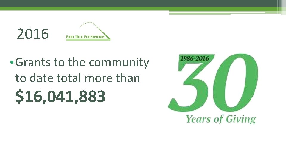 2016 • Grants to the community to date total more than $16, 041, 883