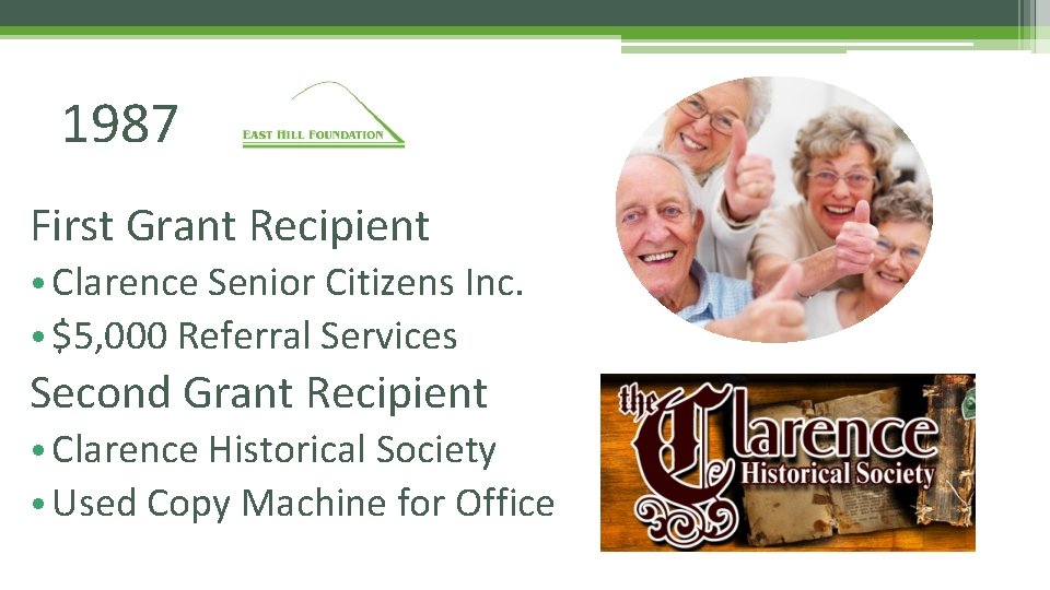 1987 First Grant Recipient • Clarence Senior Citizens Inc. • $5, 000 Referral Services