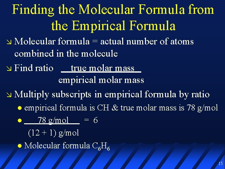 Finding the Molecular Formula from the Empirical Formula Molecular formula = actual number of