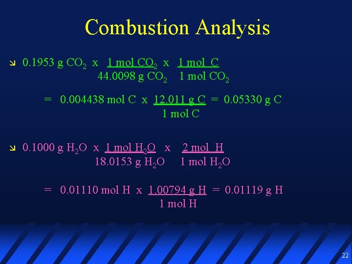 Combustion Analysis 0. 1953 g CO 2 x 1 mol C 44. 0098 g