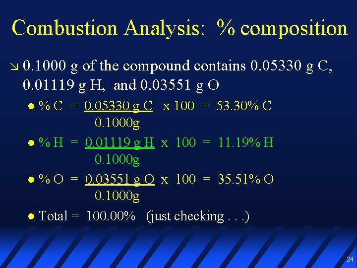 Combustion Analysis: % composition 0. 1000 g of the compound contains 0. 05330 g