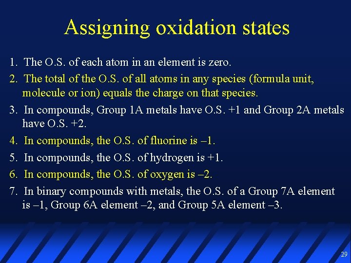 Assigning oxidation states 1. The O. S. of each atom in an element is