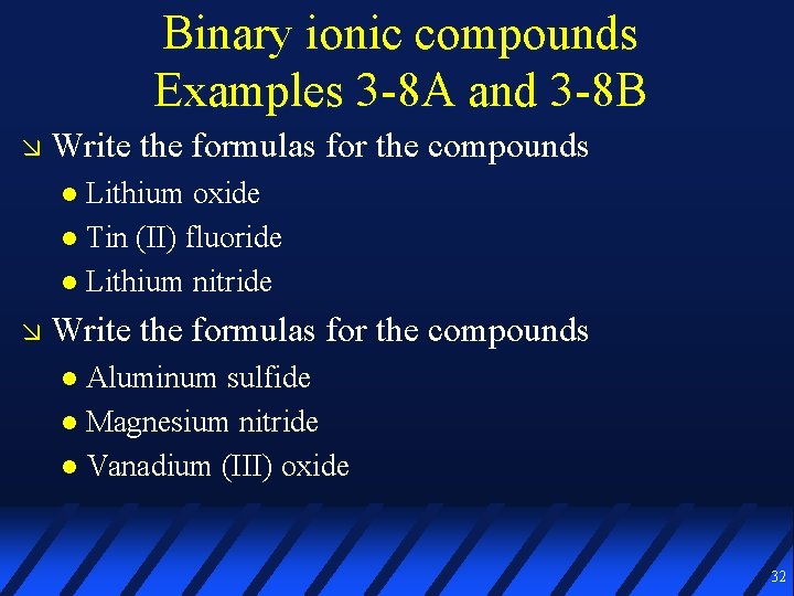 Binary ionic compounds Examples 3 -8 A and 3 -8 B Write the formulas