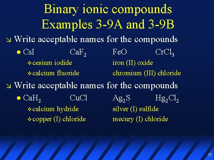 Binary ionic compounds Examples 3 -9 A and 3 -9 B Write acceptable names