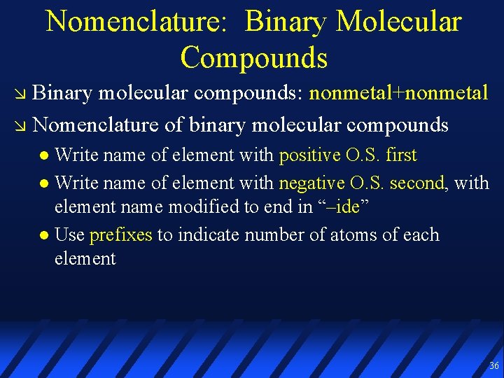 Nomenclature: Binary Molecular Compounds Binary molecular compounds: nonmetal+nonmetal Nomenclature of binary molecular compounds Write