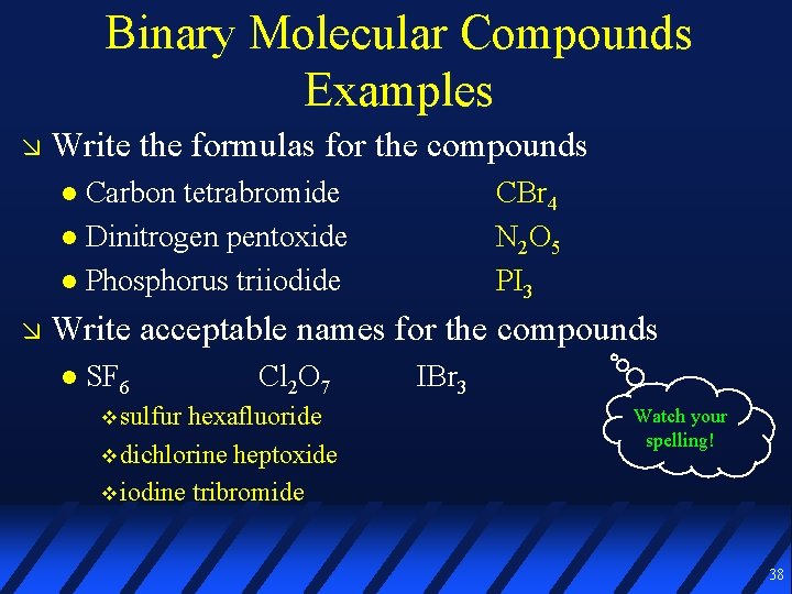 Binary Molecular Compounds Examples Write the formulas for the compounds Carbon tetrabromide Dinitrogen pentoxide