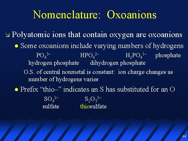 Nomenclature: Oxoanions Polyatomic ions that contain oxygen are oxoanions Some oxoanions include varying numbers