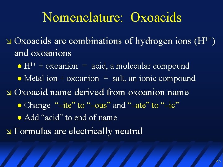 Nomenclature: Oxoacids are combinations of hydrogen ions (H 1+) and oxoanions H 1+ +