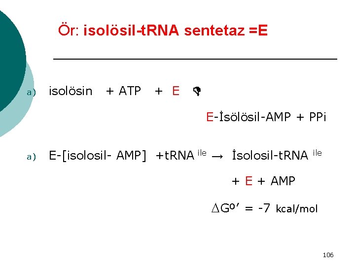 Ör: isolösil-t. RNA sentetaz =E a) isolösin + ATP + E E-İsölösil-AMP + PPi